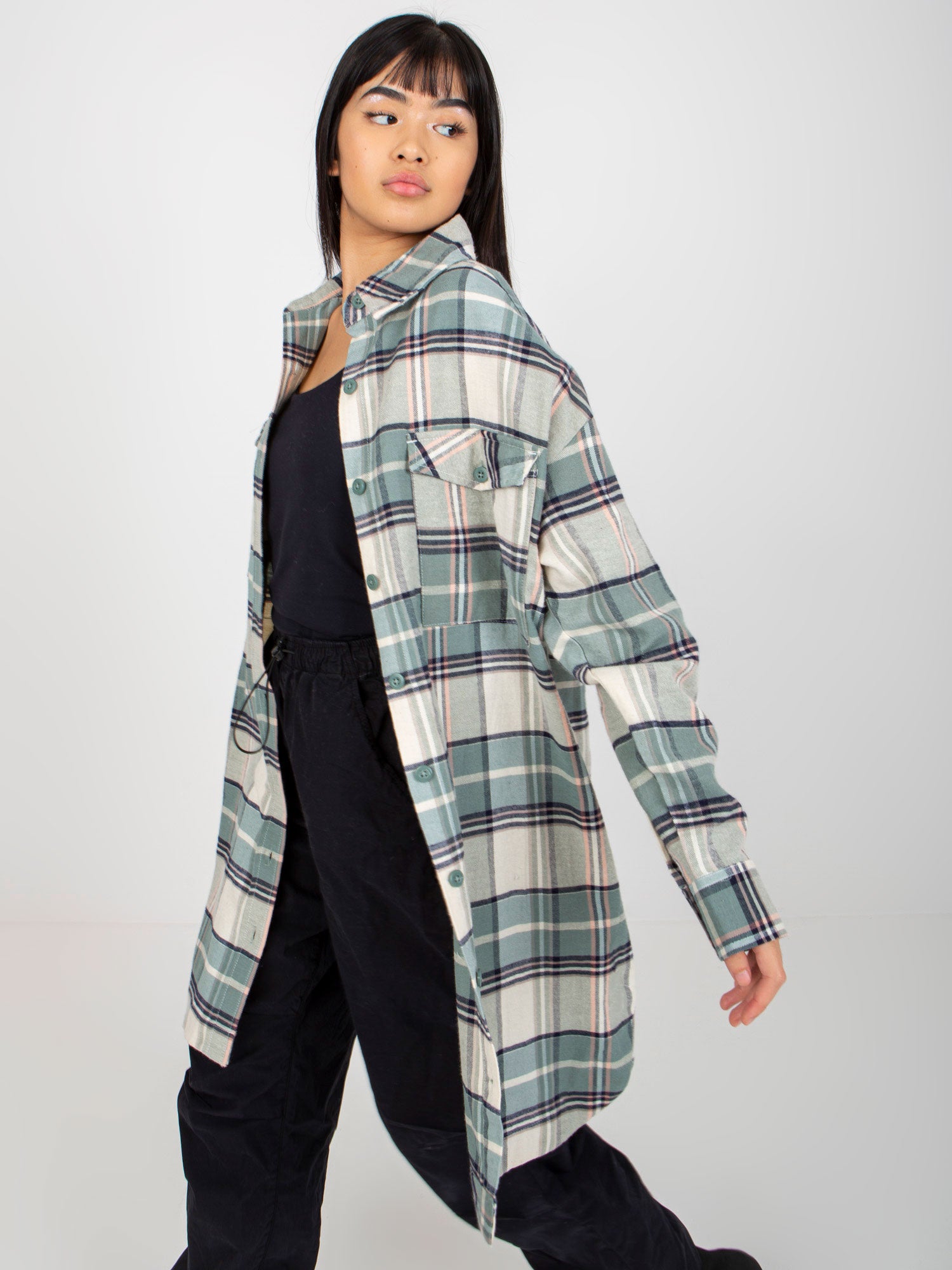 Khaki luźna koszula długa w kratę STITCH & SOUL