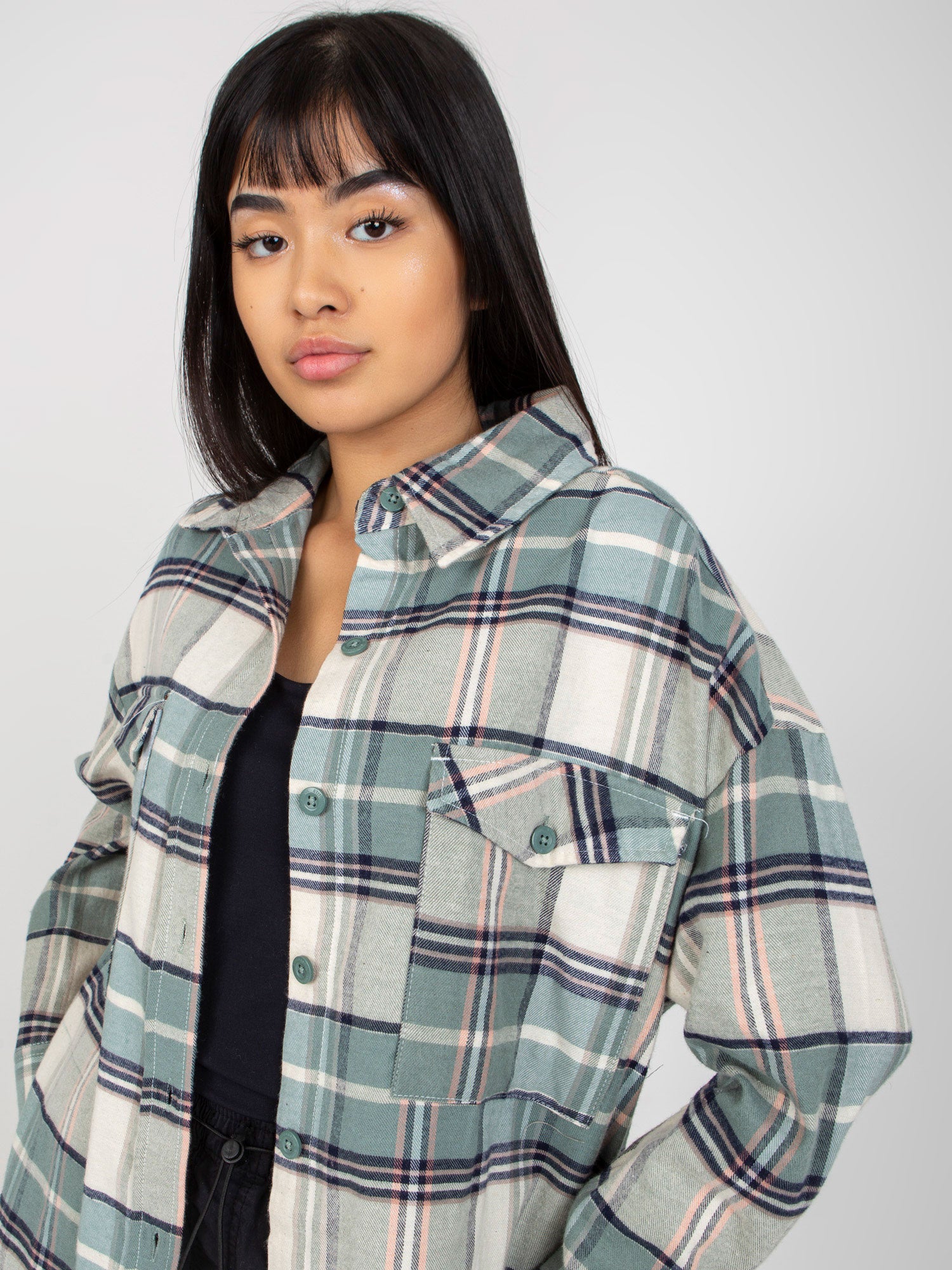 Khaki luźna koszula długa w kratę STITCH & SOUL