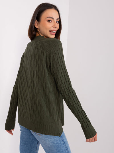 Khaki damski sweter klasyczny we wzory