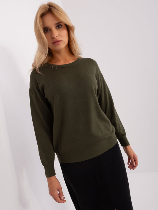 Khaki sweter klasyczny z okrągłym dekoltem