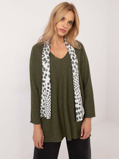 Khaki sweter oversize z apaszką w grochy