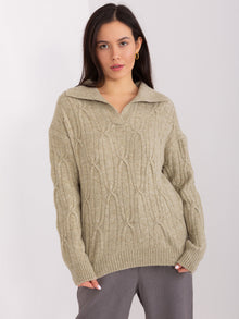 Khaki damski sweter z warkoczami i kołnierzem