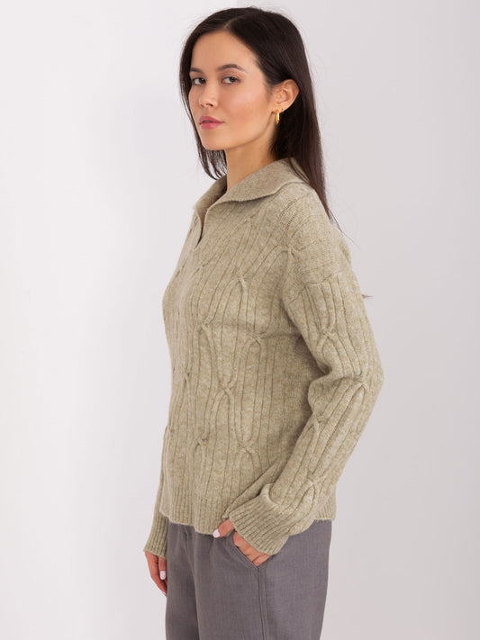 Khaki damski sweter z warkoczami i kołnierzem