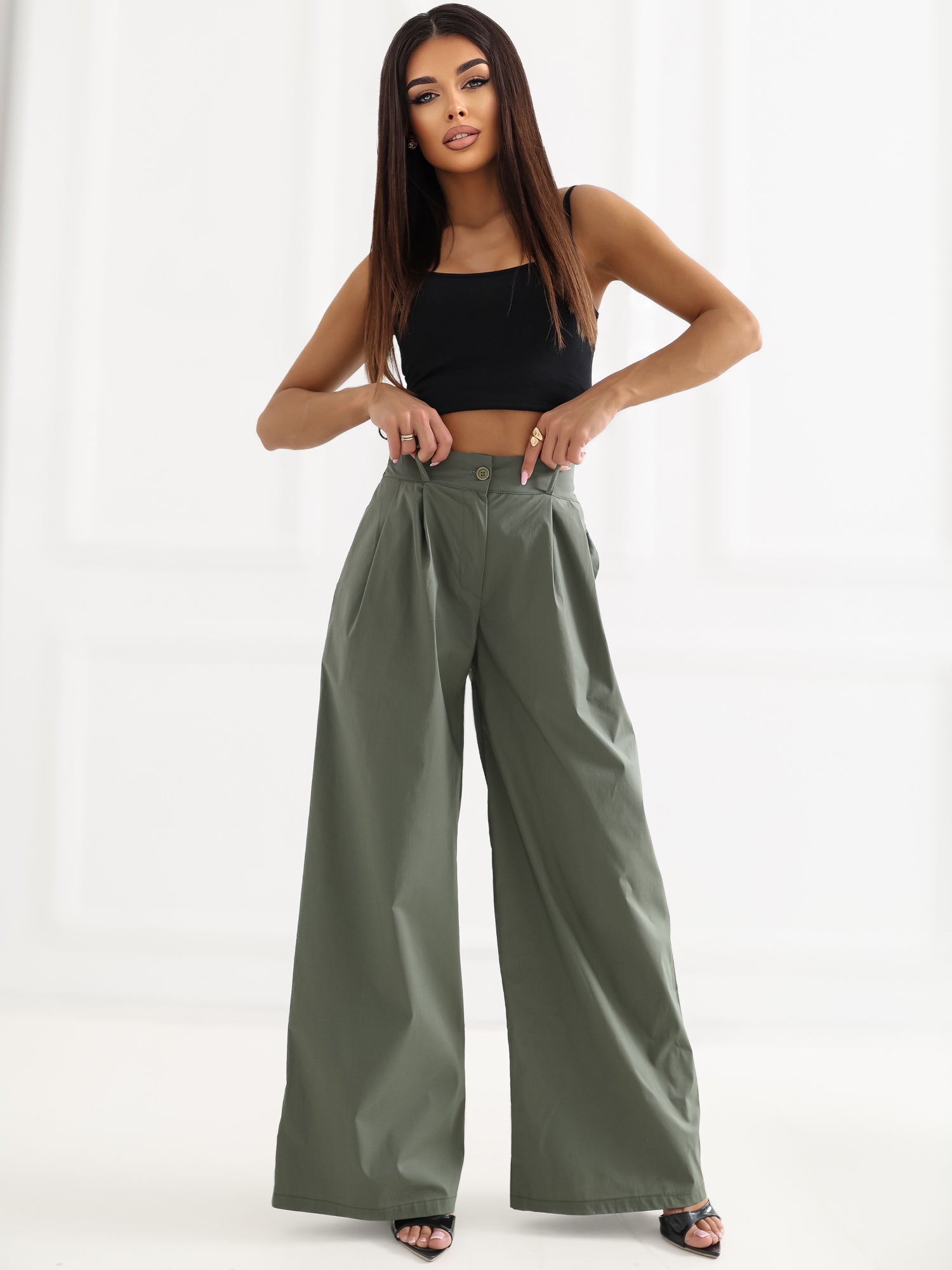 RUE PARIS Khaki damskie spodnie palazzo z zakładkami