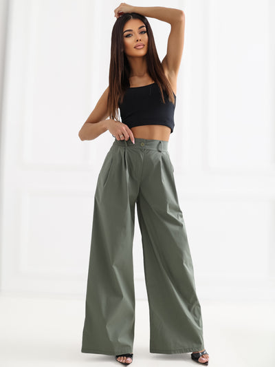 RUE PARIS Khaki damskie spodnie palazzo z zakładkami