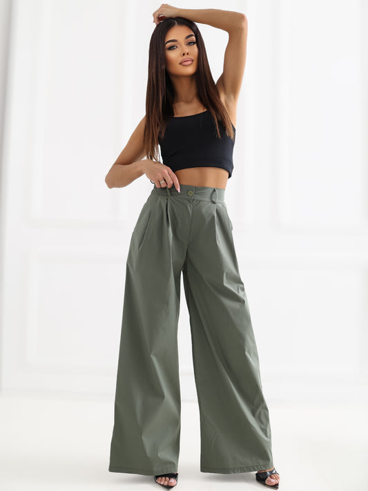 RUE PARIS Khaki damskie spodnie palazzo z zakładkami