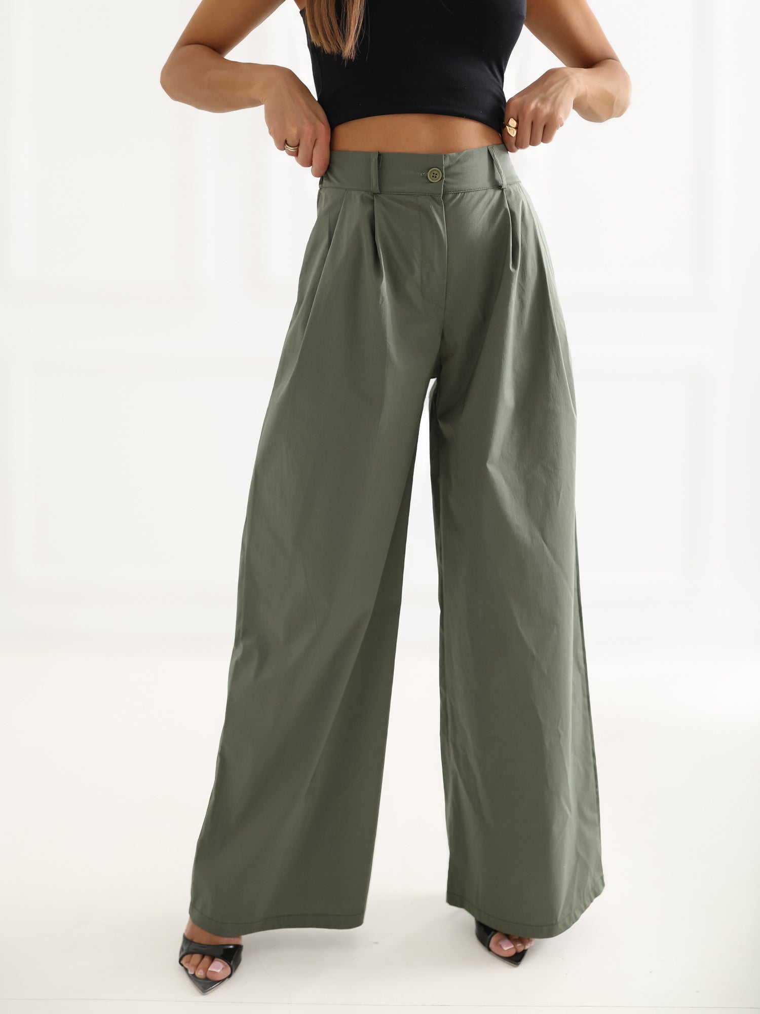 RUE PARIS Khaki damskie spodnie palazzo z zakładkami