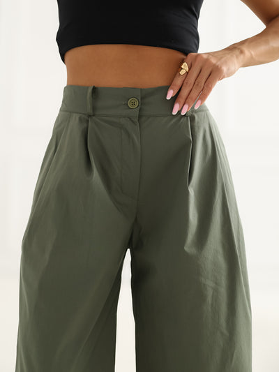 RUE PARIS Khaki damskie spodnie palazzo z zakładkami