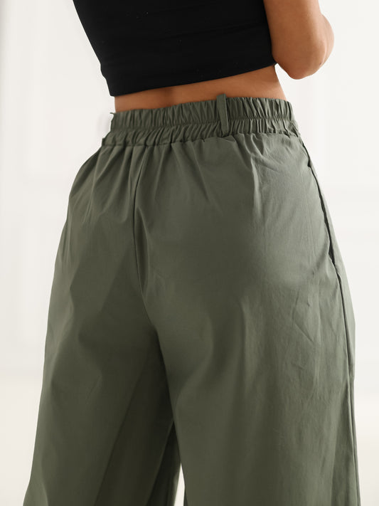 RUE PARIS Khaki damskie spodnie palazzo z zakładkami