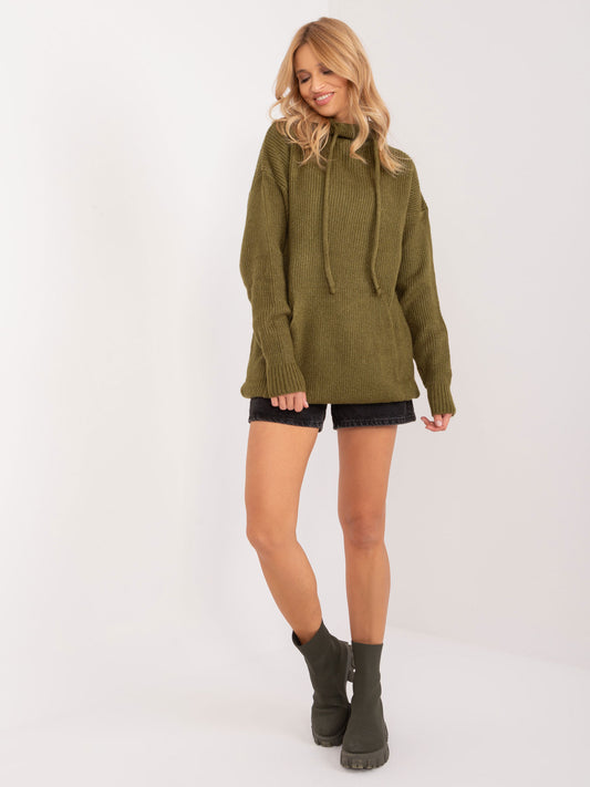 Khaki długi sweter oversize z kieszenią