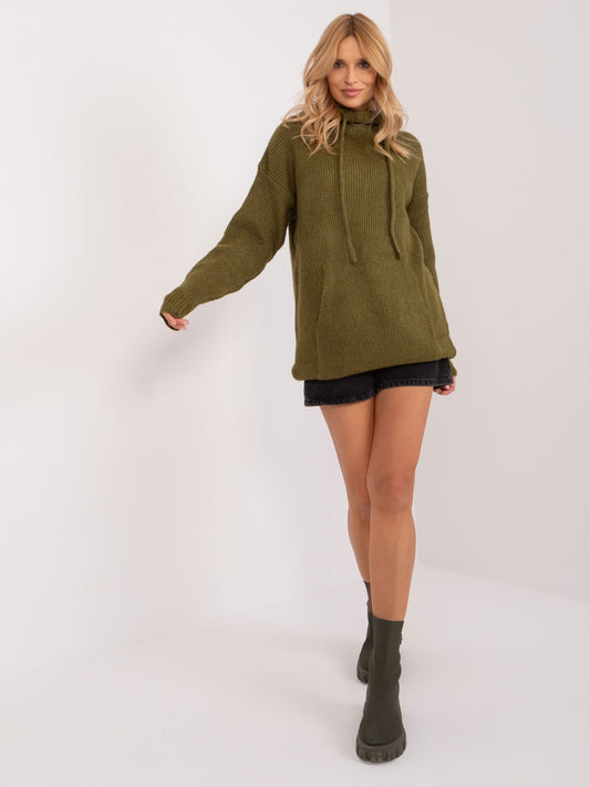Khaki długi sweter oversize z kieszenią