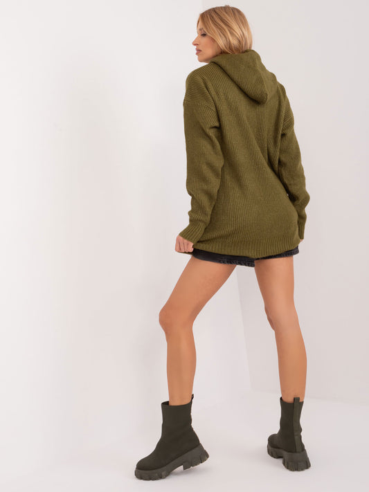 Khaki długi sweter oversize z kieszenią