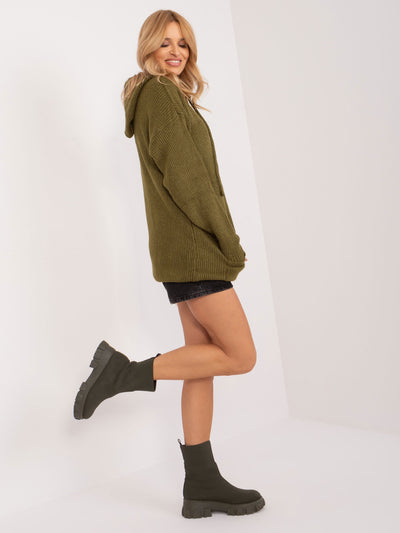 Khaki długi sweter oversize z kieszenią