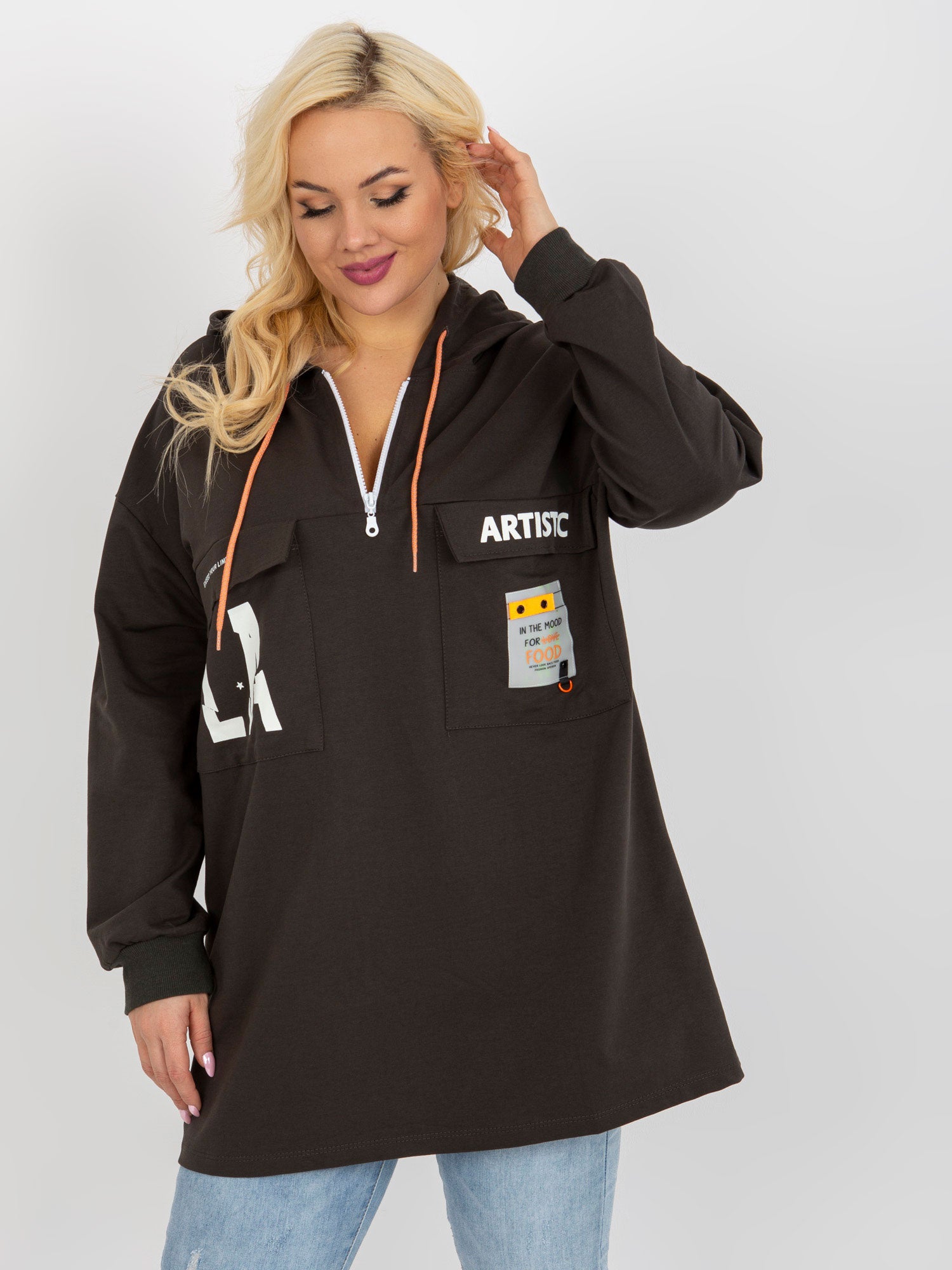 Khaki dłuższa bluza plus size z suwakiem u góry