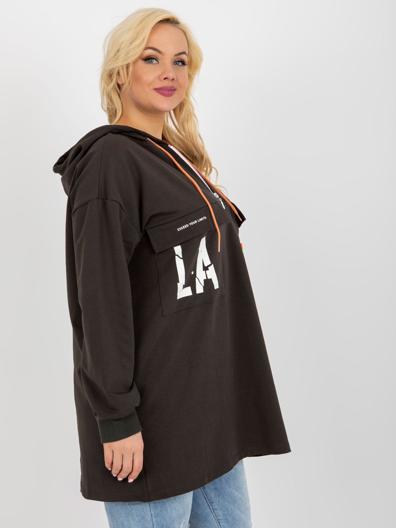Khaki dłuższa bluza plus size z suwakiem u góry