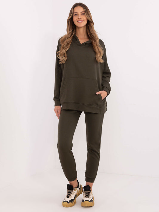Khaki dresowy komplet basic z bluzą kangurką