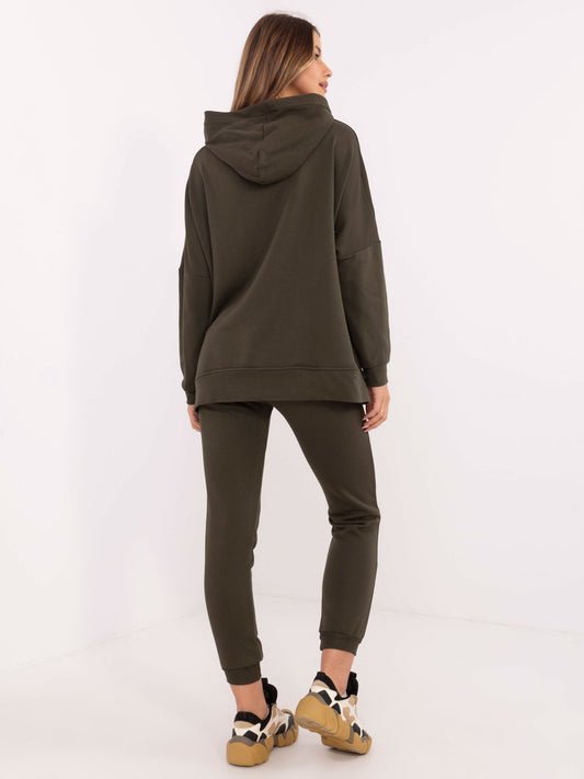 Khaki dresowy komplet basic z bluzą kangurką