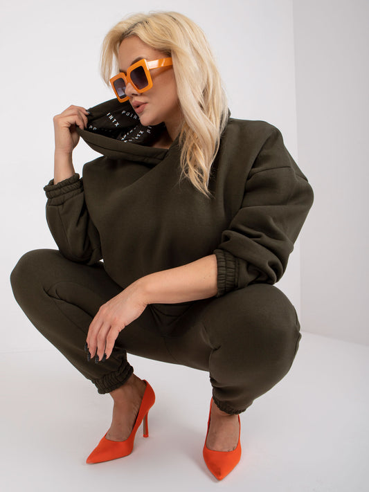 Khaki dresowy komplet plus size z kapturem