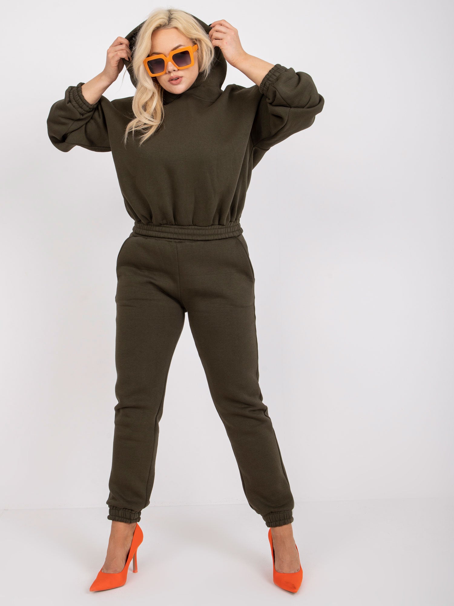 Khaki dresowy komplet plus size z kapturem