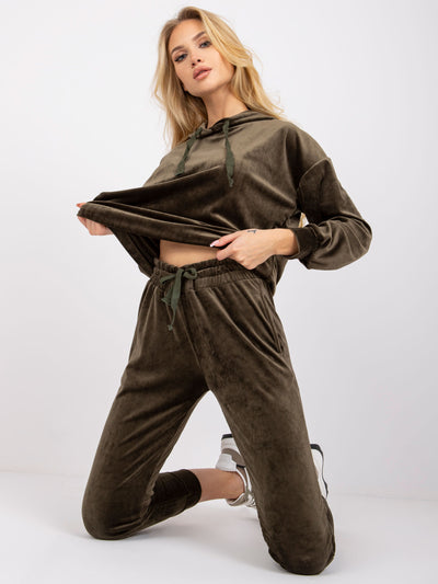 Khaki komplet damski z weluru