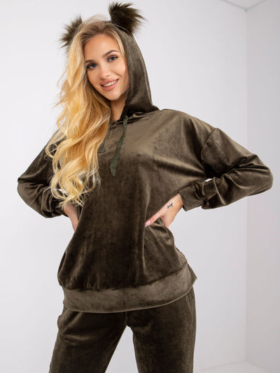Khaki komplet damski z weluru