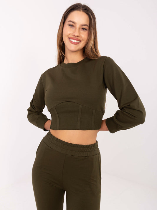 RUE PARIS Khaki dresowy komplet z krótką bluzą