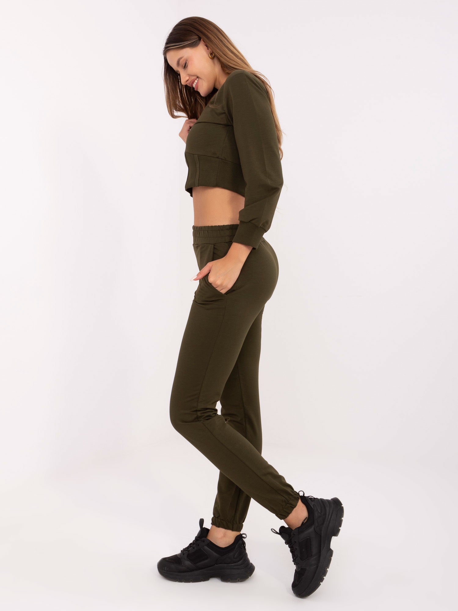 RUE PARIS Khaki dresowy komplet z krótką bluzą