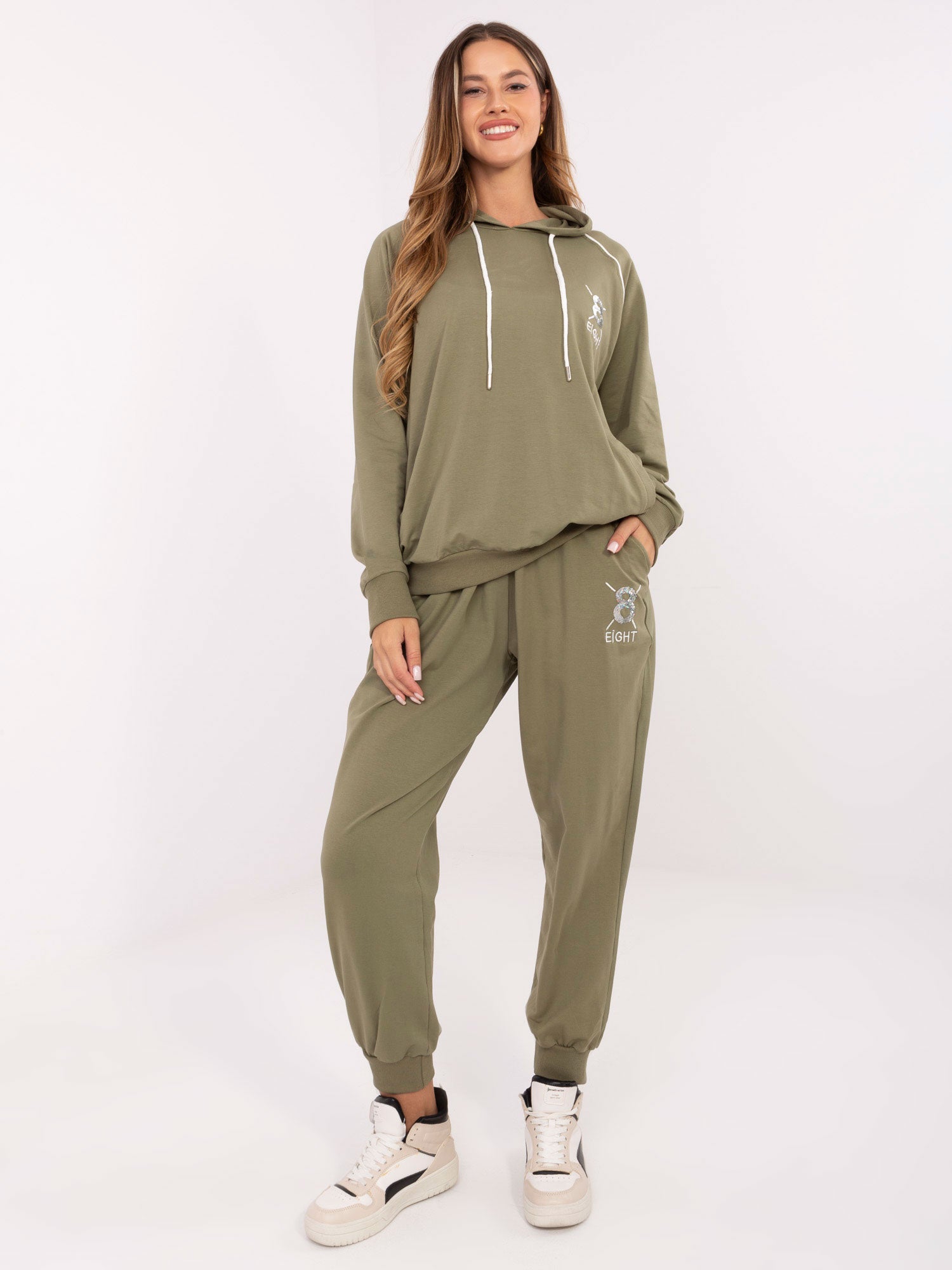 Khaki dresowy komplet z cyrkoniami