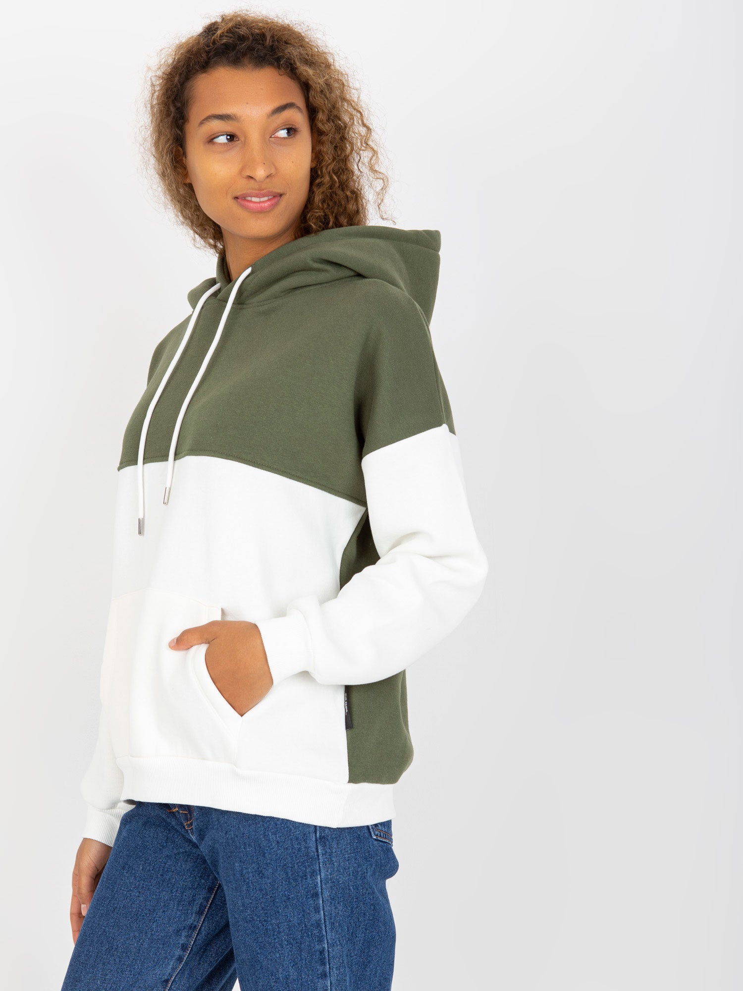 Khaki-ecru dresowa bluza basic kangurka RUE PARIS