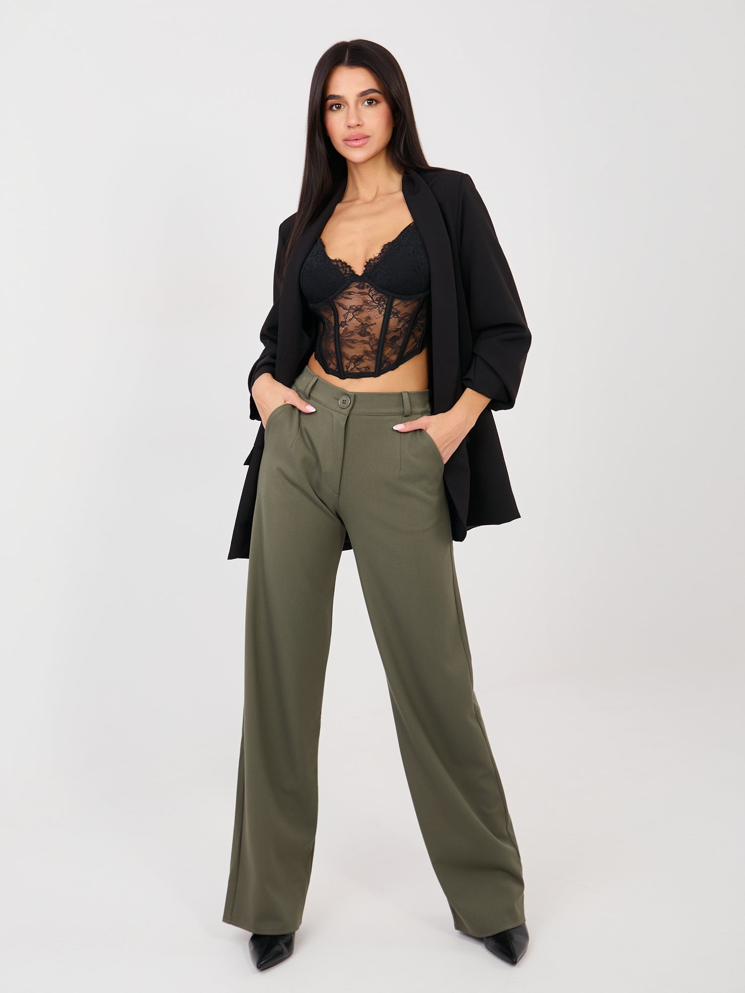Khaki eleganckie spodnie z wysokim stanem