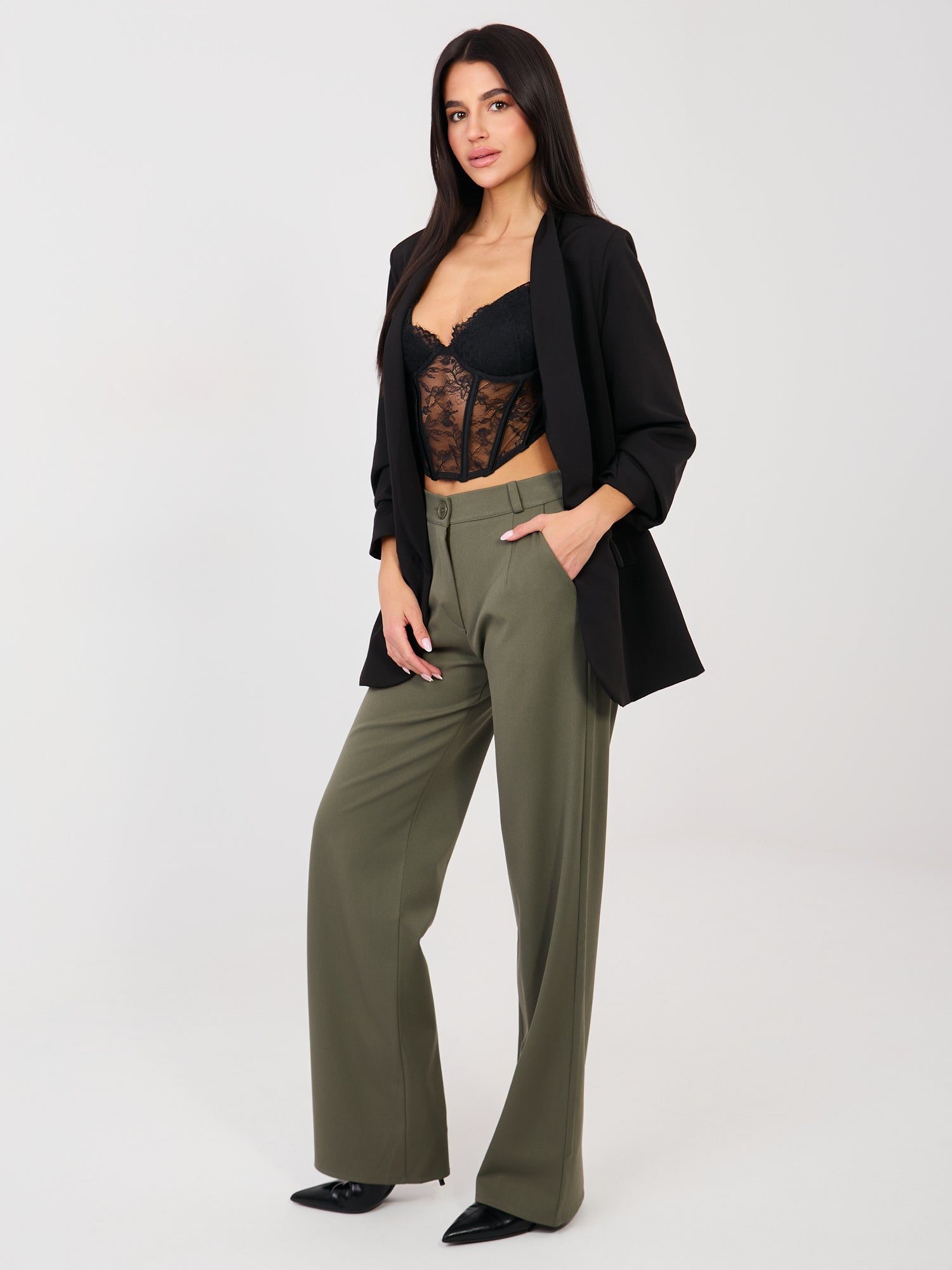 Khaki eleganckie spodnie z wysokim stanem