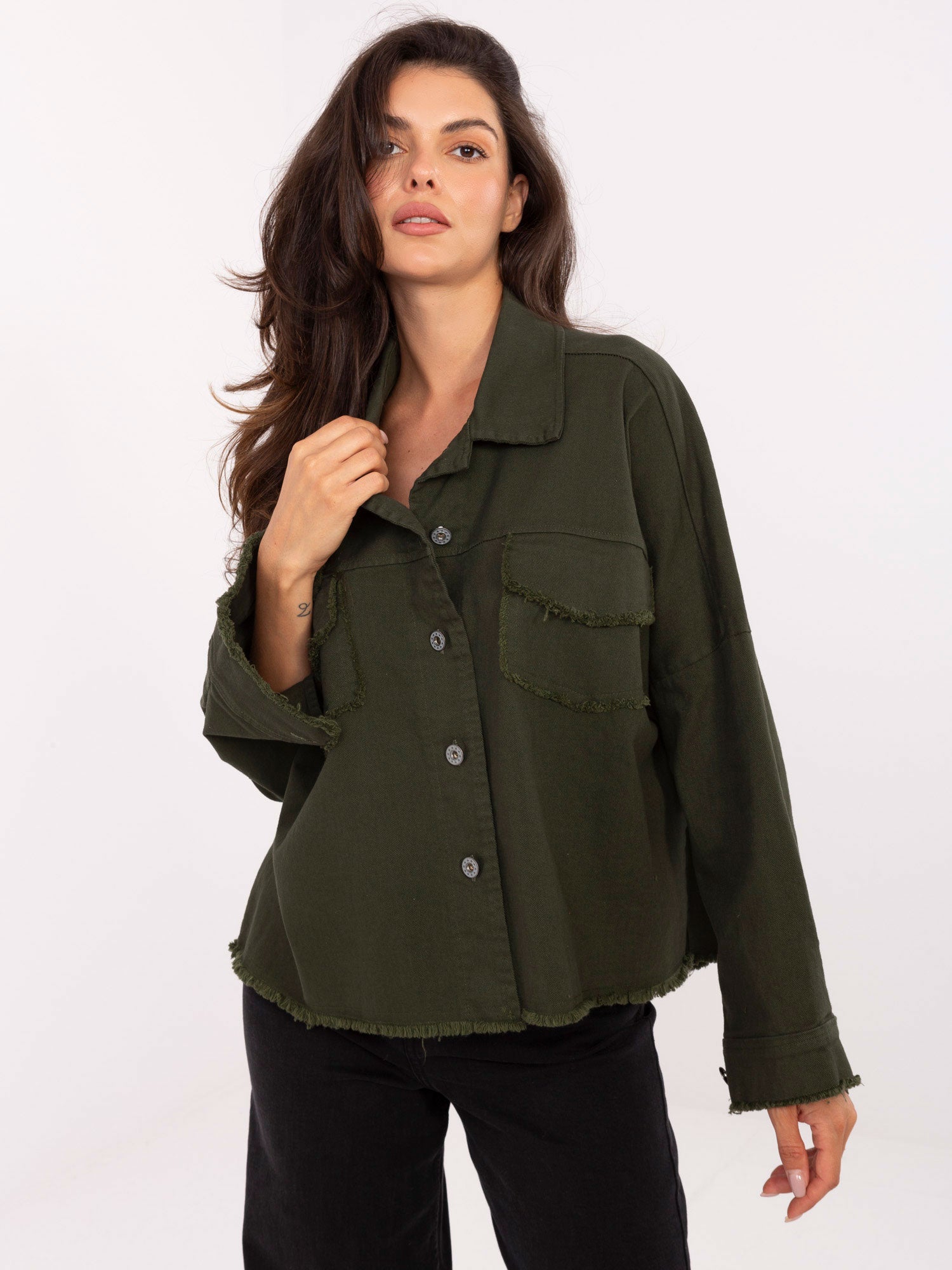 RUE PARIS Khaki  jeansowa kurtka o kroju oversize