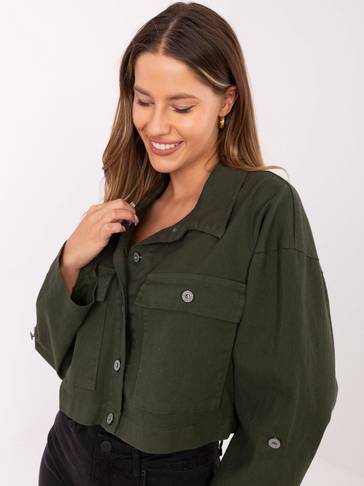 RUE PARIS Khaki krótka kurtka jeansowa