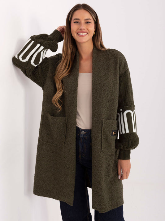 Khaki damski kardigan boucle z kieszeniami