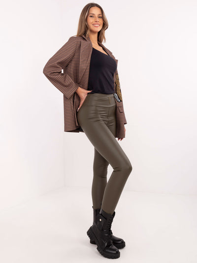 Khaki ocieplane legginsy z ekoskóry