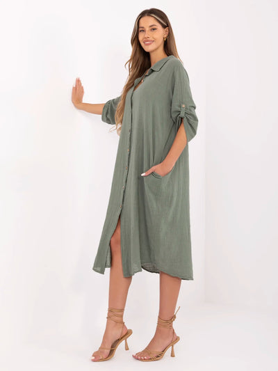 OCH BELLA Khaki letnia sukienka z rękawem 3/4
