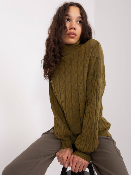 Khaki sweter golf damski ze ściągaczami