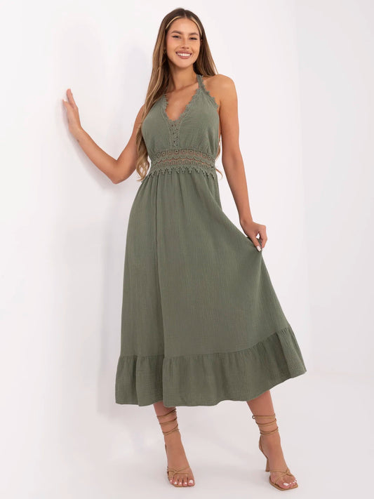 Khaki długa sukienka boho z muślinu