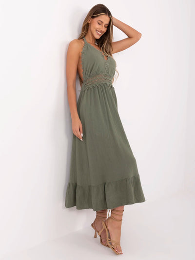 Khaki długa sukienka boho z muślinu