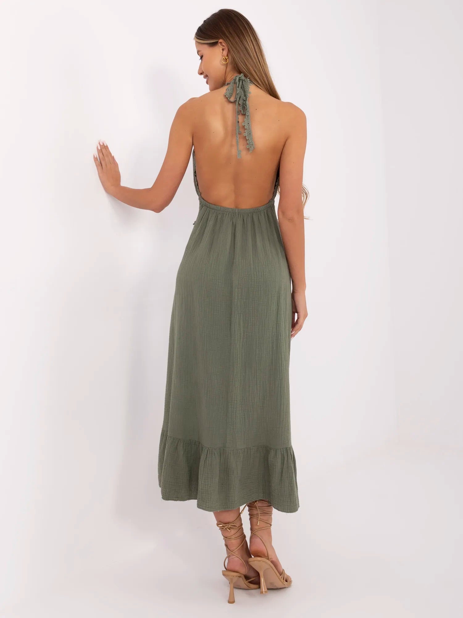 Khaki długa sukienka boho z muślinu