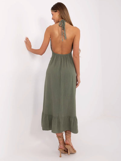Khaki długa sukienka boho z muślinu