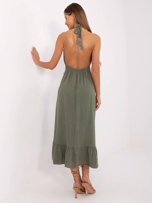 Khaki długa sukienka boho z muślinu