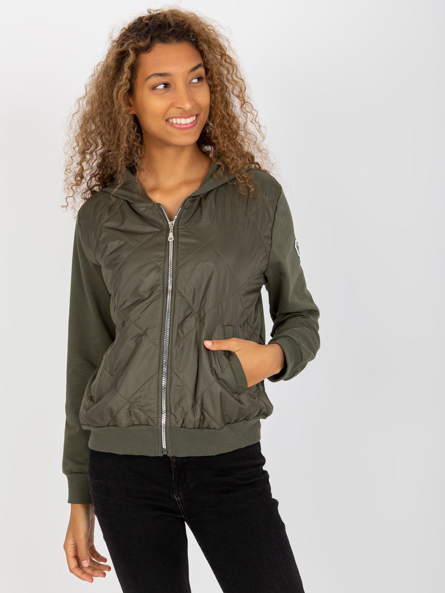 Khaki pikowana bluza bomberka z kapturem RUE PARIS