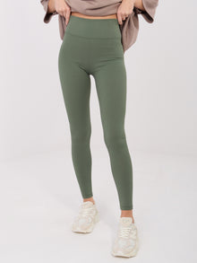 Khaki prążkowane legginsy z napisem z tyłu