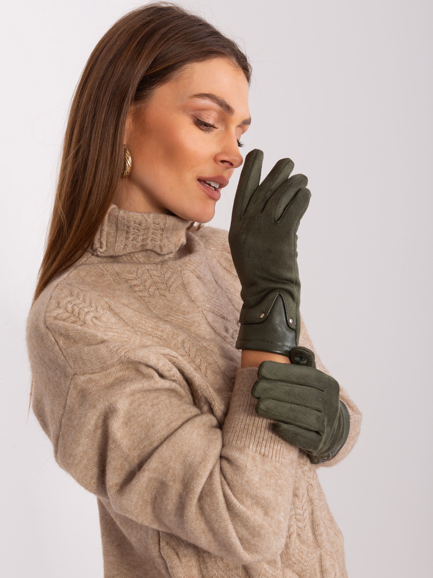 Khaki eleganckie rękawiczki damskie