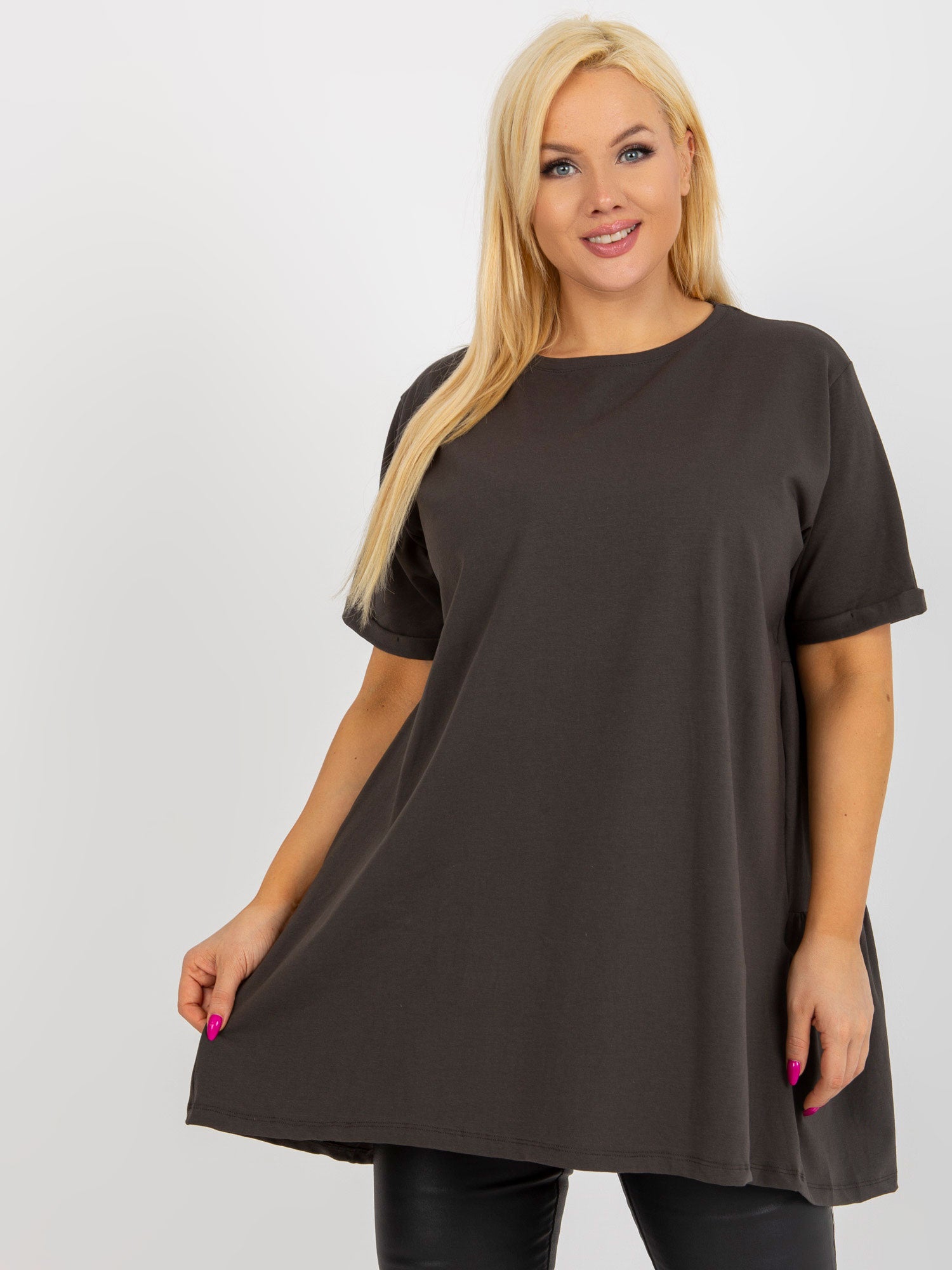Khaki długa bluzka plus size basic z falbaną