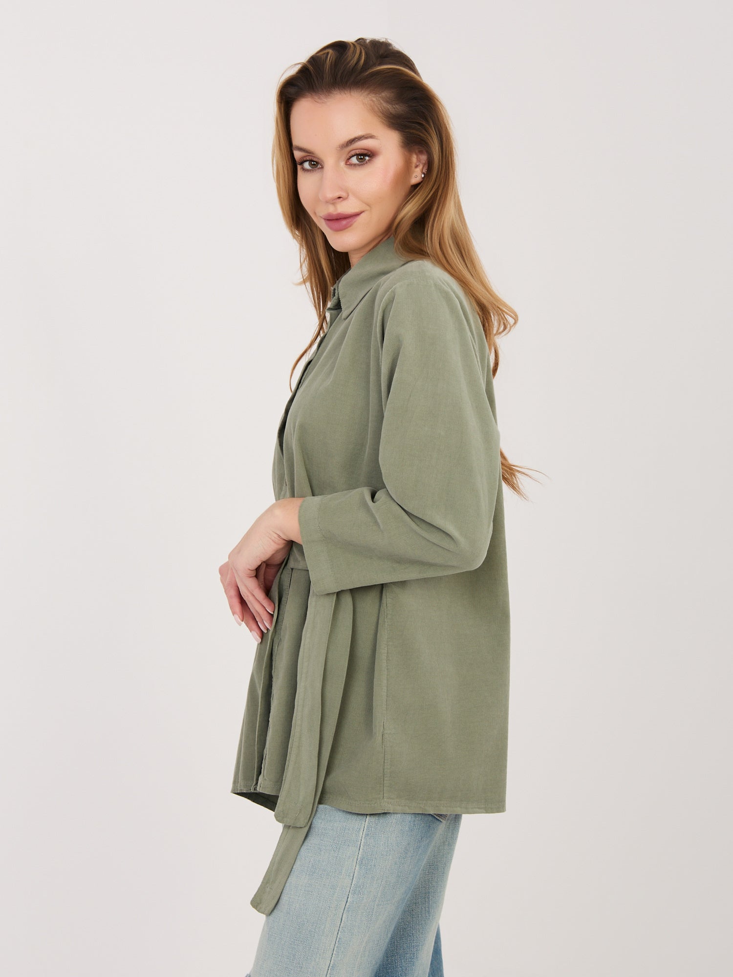RUE PARIS Khaki asymetryczna koszula z sztruksu