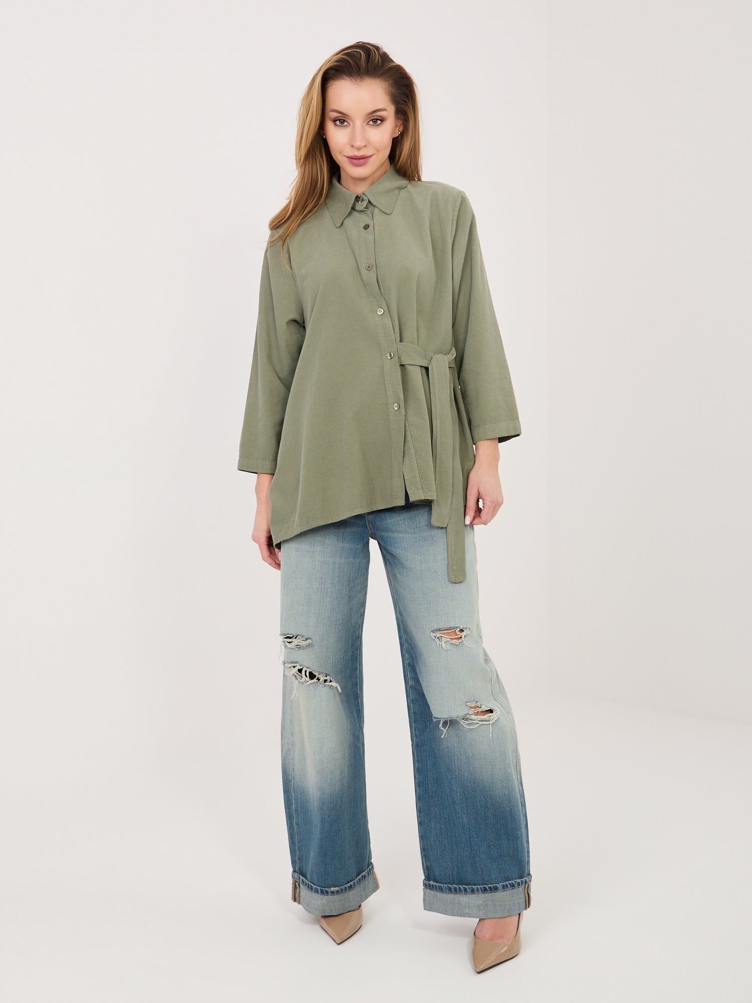 RUE PARIS Khaki asymetryczna koszula z sztruksu
