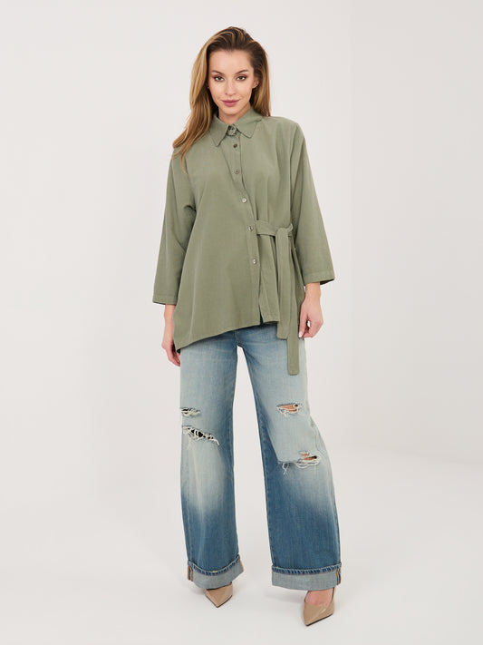 RUE PARIS Khaki asymetryczna koszula z sztruksu