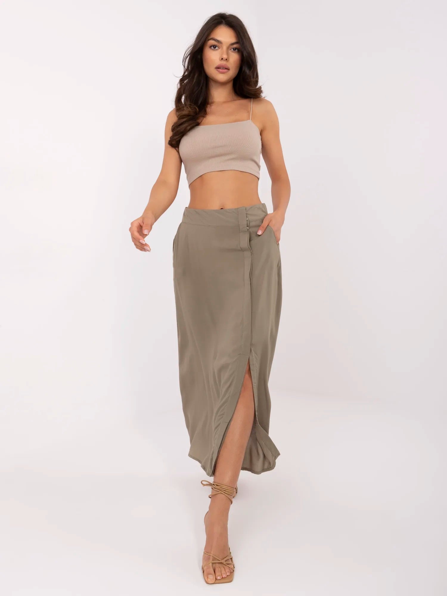 FRESH MADE Khaki trapezowa spódnica z kieszeniami